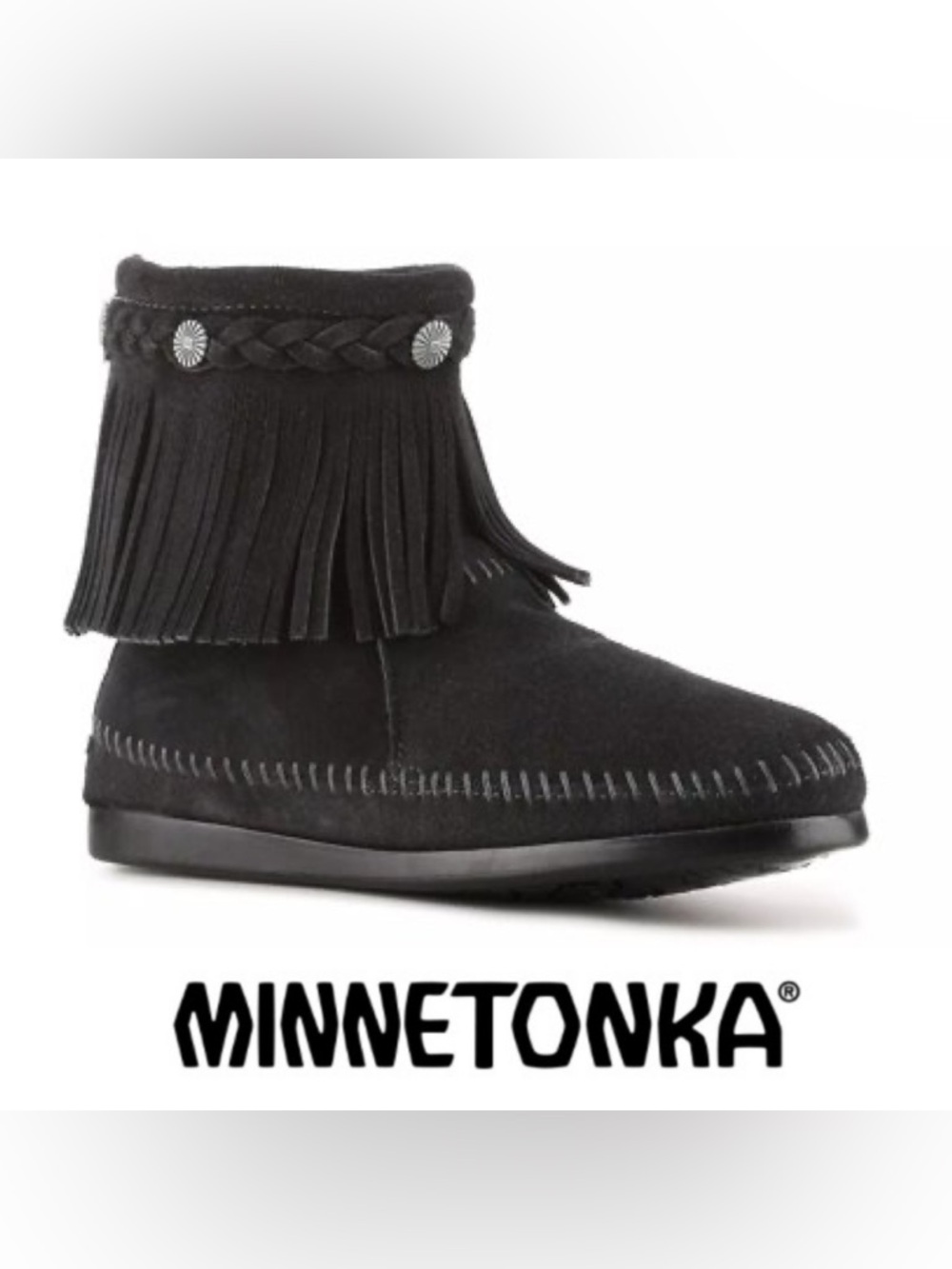 Minnetonka Black Fringe Braided Back Zip Western Bootie